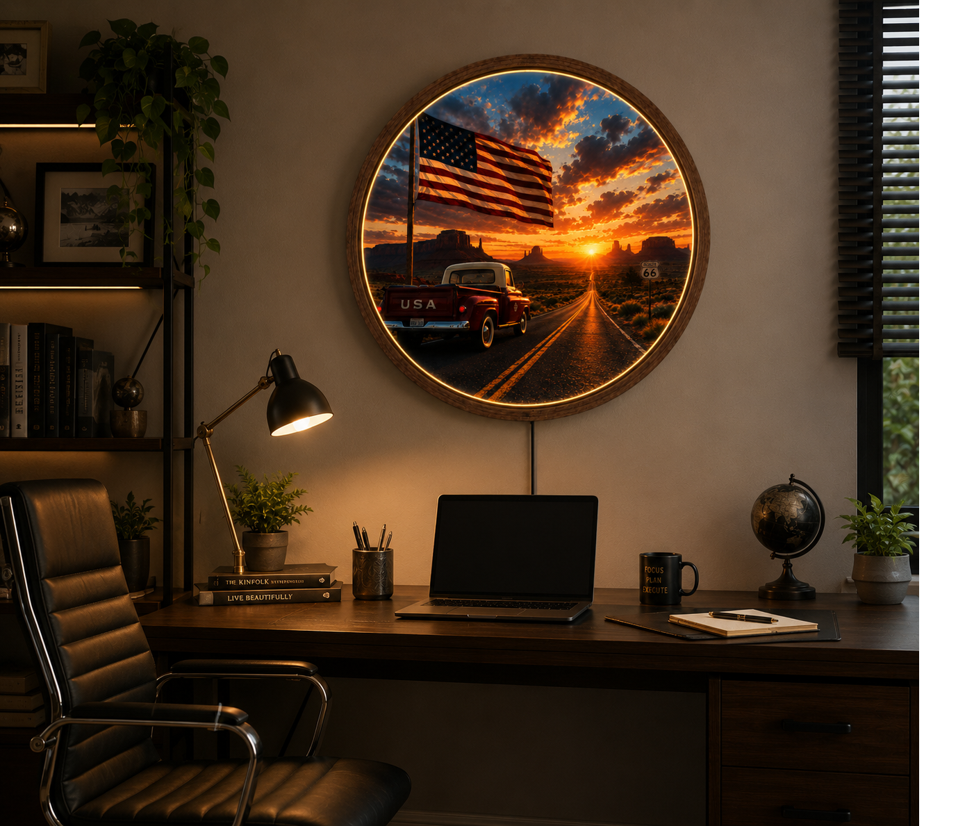 American Flag LED Wall Art, Route 66 Sunset Decor, Vintage Truck Wall Art, Rustic USA Round Light, Americana Gift