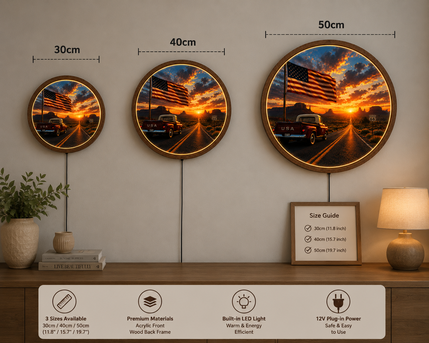 American Flag LED Wall Art, Route 66 Sunset Decor, Vintage Truck Wall Art, Rustic USA Round Light, Americana Gift