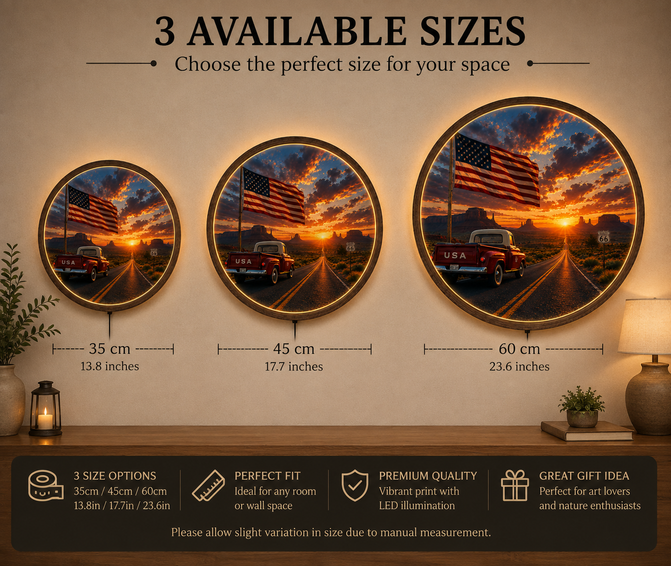 American Flag LED Wall Art, Route 66 Sunset Decor, Vintage Truck Wall Art, Rustic USA Round Light, Americana Gift