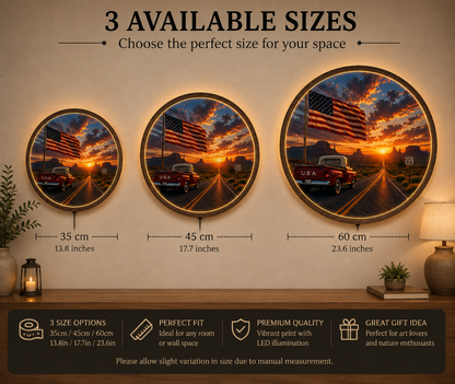 American Flag LED Wall Art, Route 66 Sunset Decor, Vintage Truck Wall Art, Rustic USA Round Light, Americana Gift