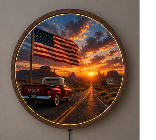 American Flag LED Wall Art, Route 66 Sunset Decor, Vintage Truck Wall Art, Rustic USA Round Light, Americana Gift