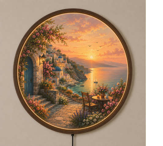Mediterranean Sunset LED Wall Art, Round Coastal Landscape Lamp, Santorini Inspired Home Decor,