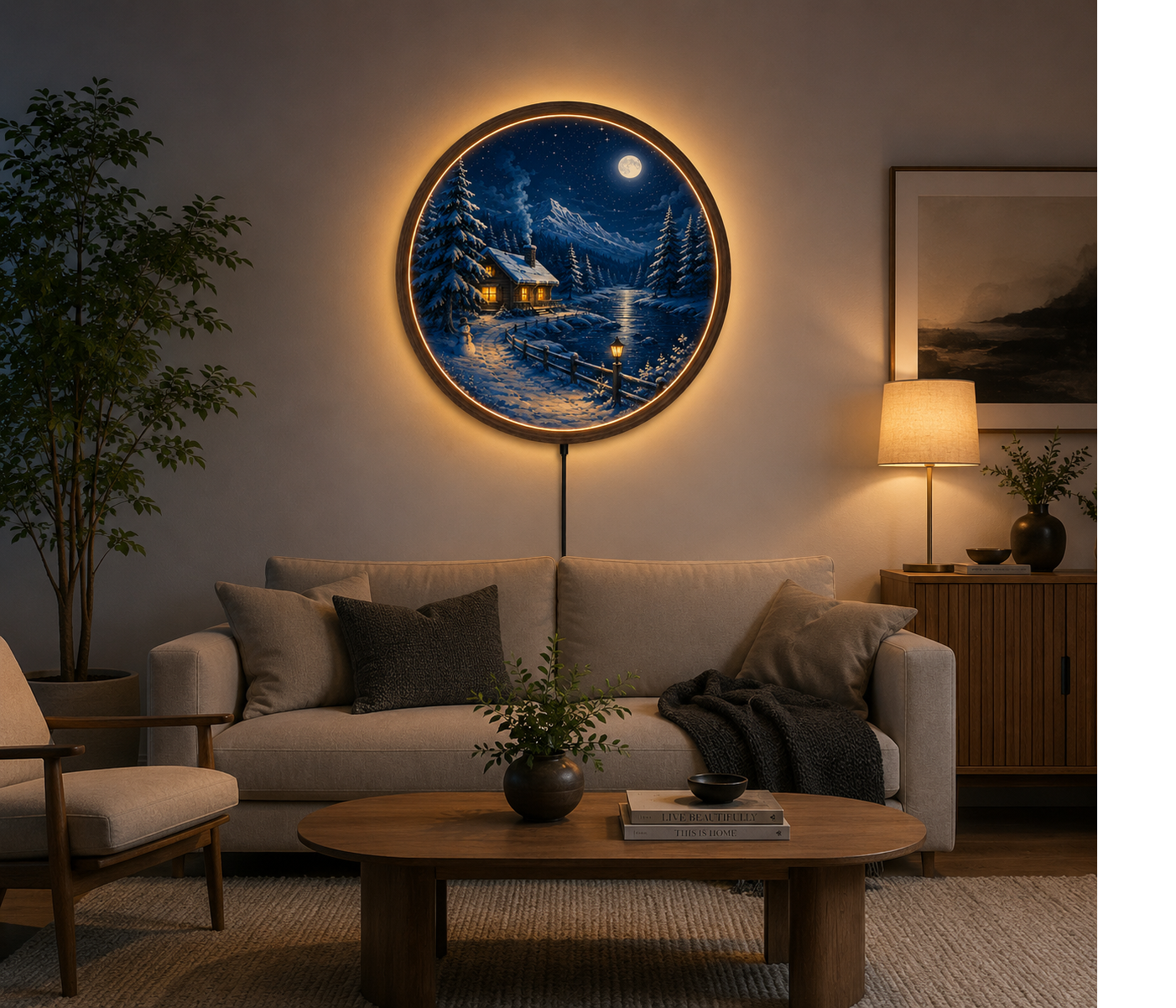 Winter LED Wall Art, Round Moonlit Cabin Wall Decor, Snowy Mountain Landscape Light, Rustic Cabin Wall Hanging, Cozy Bedroom Living Room Decor