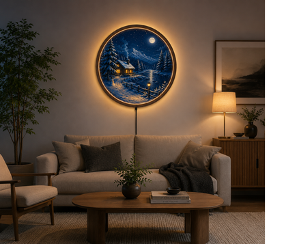 Winter LED Wall Art, Round Moonlit Cabin Wall Decor, Snowy Mountain Landscape Light, Rustic Cabin Wall Hanging, Cozy Bedroom Living Room Decor