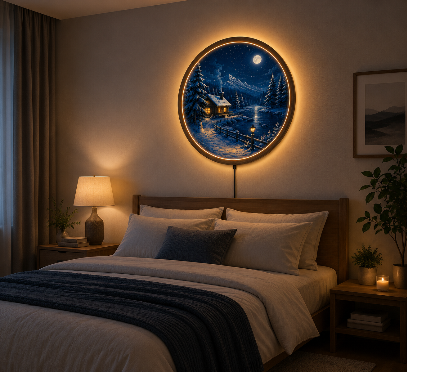 Winter LED Wall Art, Round Moonlit Cabin Wall Decor, Snowy Mountain Landscape Light, Rustic Cabin Wall Hanging, Cozy Bedroom Living Room Decor