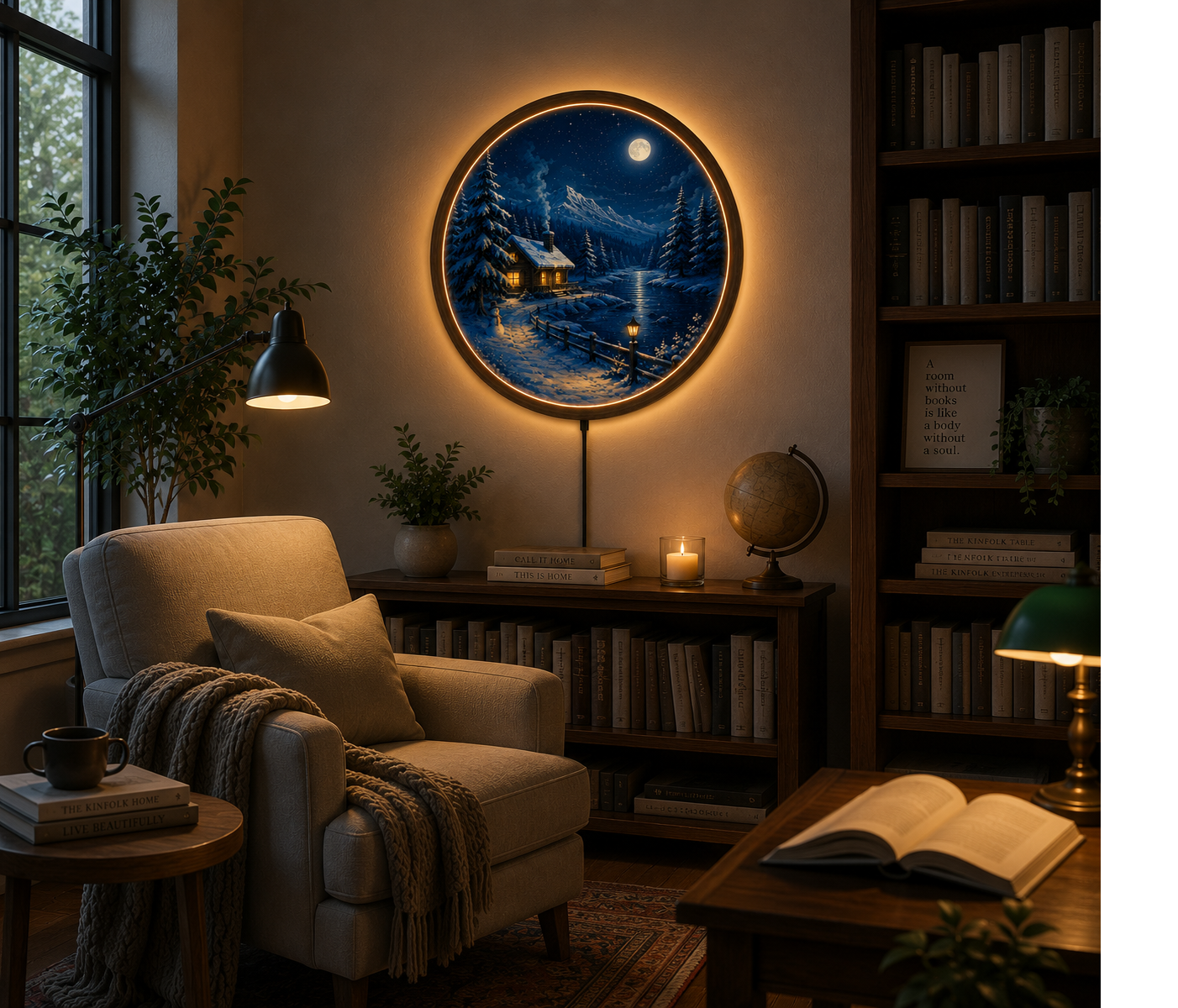 Winter LED Wall Art, Round Moonlit Cabin Wall Decor, Snowy Mountain Landscape Light, Rustic Cabin Wall Hanging, Cozy Bedroom Living Room Decor