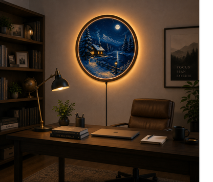 Winter LED Wall Art, Round Moonlit Cabin Wall Decor, Snowy Mountain Landscape Light, Rustic Cabin Wall Hanging, Cozy Bedroom Living Room Decor