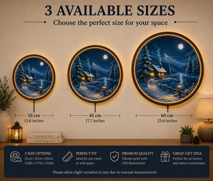Winter LED Wall Art, Round Moonlit Cabin Wall Decor, Snowy Mountain Landscape Light, Rustic Cabin Wall Hanging, Cozy Bedroom Living Room Decor