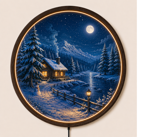 Winter LED Wall Art, Round Moonlit Cabin Wall Decor, Snowy Mountain Landscape Light, Rustic Cabin Wall Hanging, Cozy Bedroom Living Room Decor
