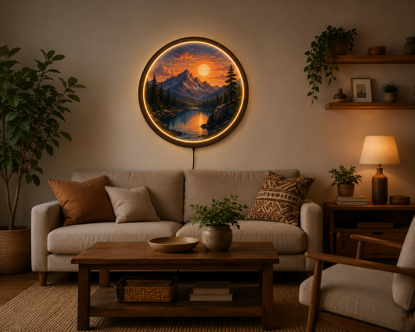 Mountain Sunset LED Wall Art, American Landscape Lighted Wall Decor, Round Acrylic LED Wall Lamp, Nature Mountain Lake Wall Hanging, Rustic Cabin Gift