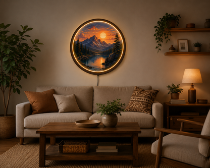Mountain Sunset LED Wall Art, American Landscape Lighted Wall Decor, Round Acrylic LED Wall Lamp, Nature Mountain Lake Wall Hanging, Rustic Cabin Gift