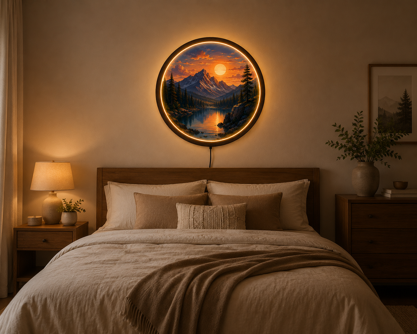 Mountain Sunset LED Wall Art, American Landscape Lighted Wall Decor, Round Acrylic LED Wall Lamp, Nature Mountain Lake Wall Hanging, Rustic Cabin Gift