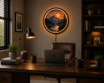Mountain Sunset LED Wall Art, American Landscape Lighted Wall Decor, Round Acrylic LED Wall Lamp, Nature Mountain Lake Wall Hanging, Rustic Cabin Gift