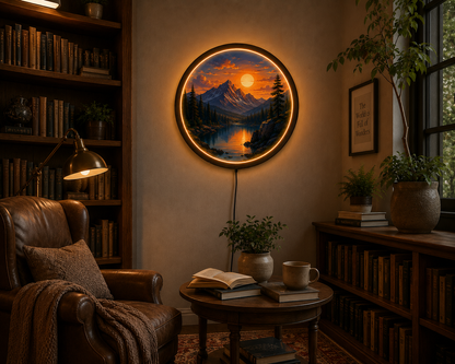 Mountain Sunset LED Wall Art, American Landscape Lighted Wall Decor, Round Acrylic LED Wall Lamp, Nature Mountain Lake Wall Hanging, Rustic Cabin Gift