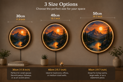 Mountain Sunset LED Wall Art, American Landscape Lighted Wall Decor, Round Acrylic LED Wall Lamp, Nature Mountain Lake Wall Hanging, Rustic Cabin Gift