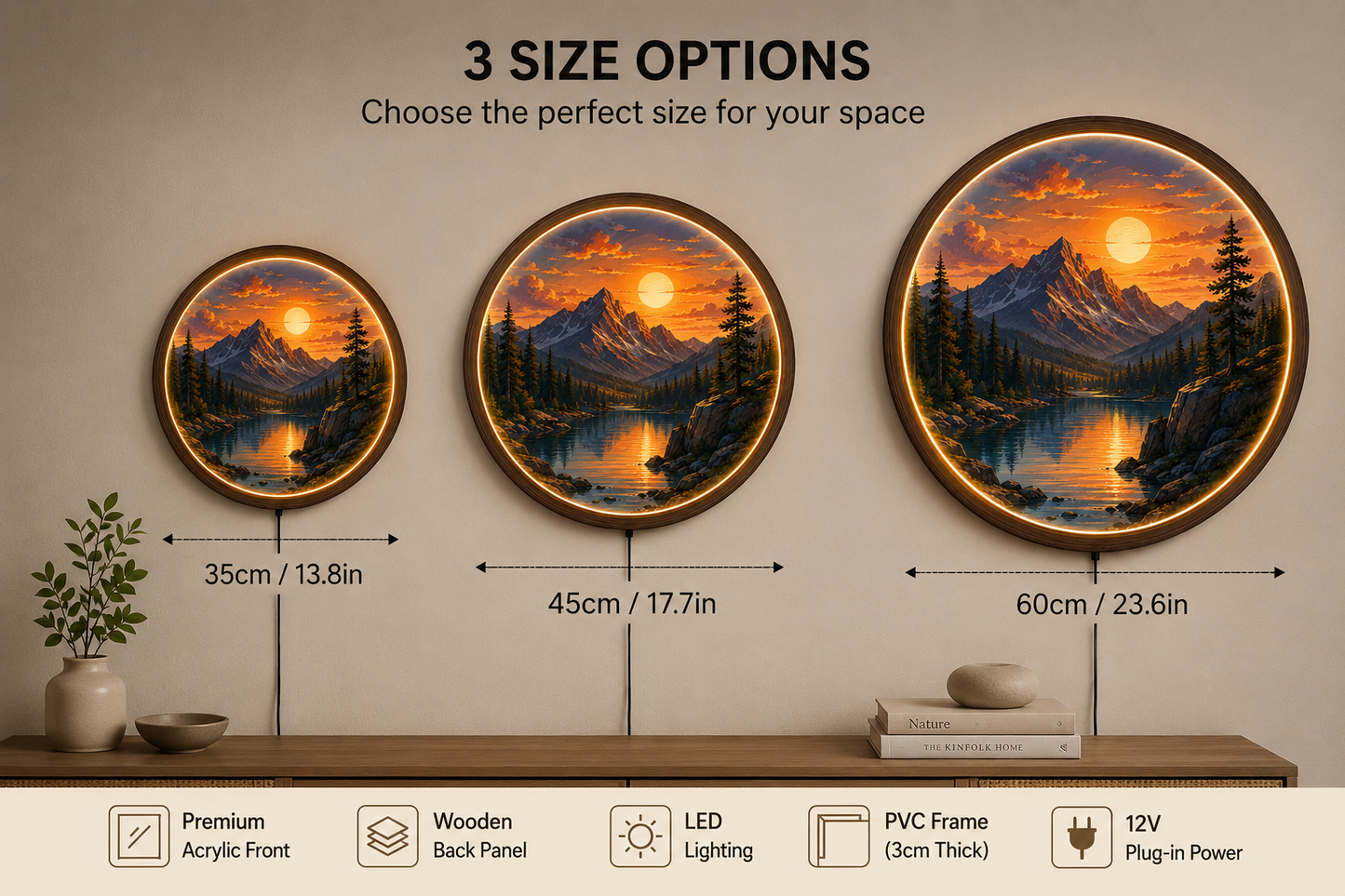 Mountain Sunset LED Wall Art, American Landscape Lighted Wall Decor, Round Acrylic LED Wall Lamp, Nature Mountain Lake Wall Hanging, Rustic Cabin Gift
