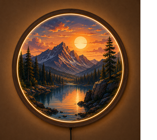 Mountain Sunset LED Wall Art, American Landscape Lighted Wall Decor, Round Acrylic LED Wall Lamp, Nature Mountain Lake Wall Hanging, Rustic Cabin Gift