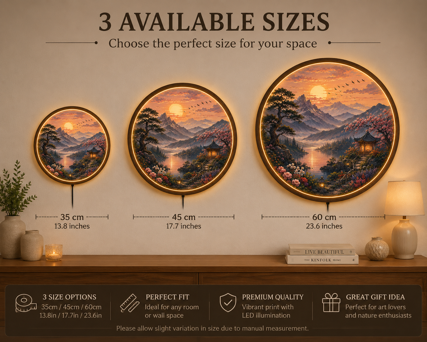 Sunset Mountain Lake LED Wall Art, Round Nature Wall Decor, Japanese Landscape Light, Zen Home Decor