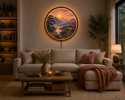 Sunset Mountain Lake LED Wall Art, Round Nature Wall Decor, Japanese Landscape Light, Zen Home Decor
