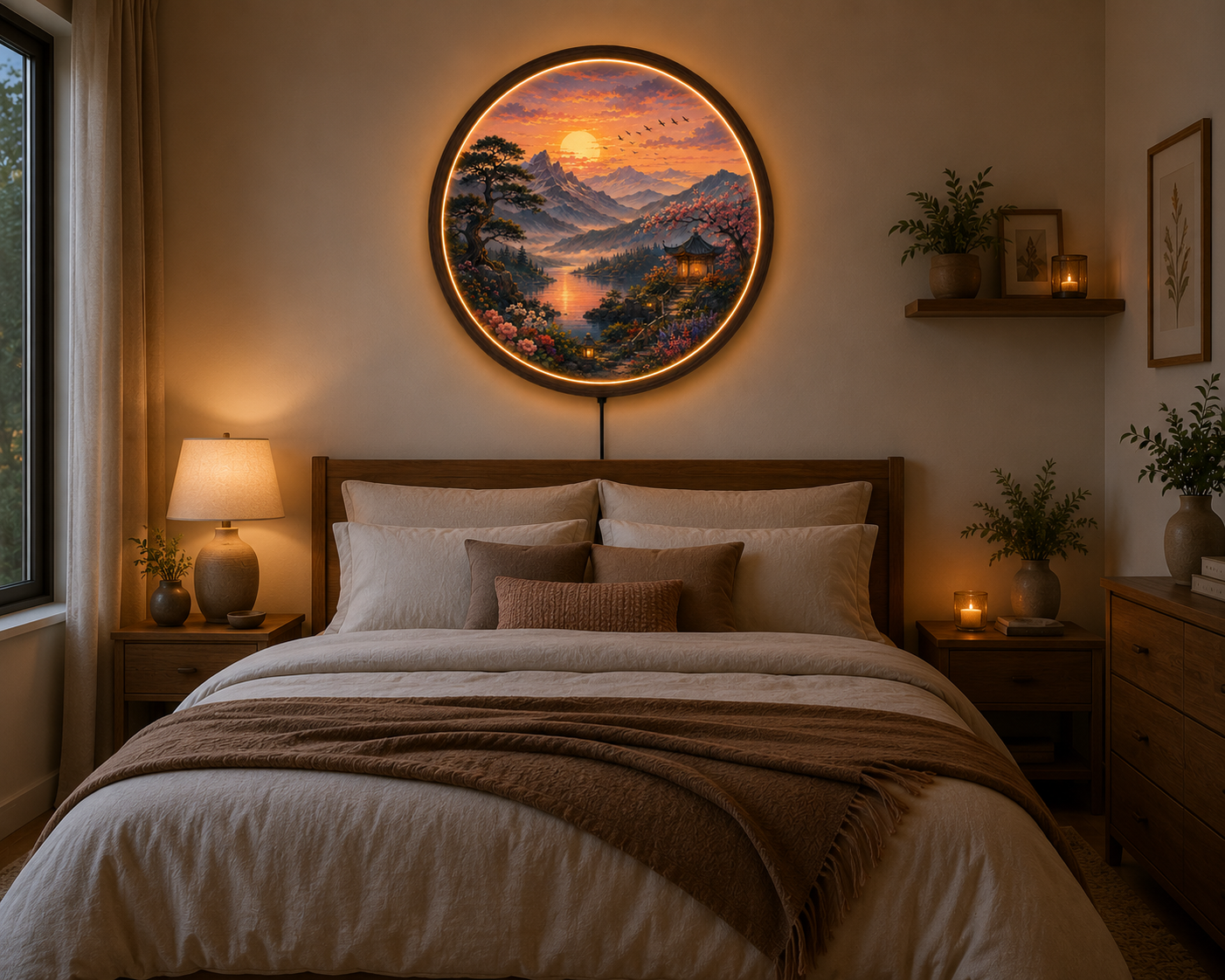 Sunset Mountain Lake LED Wall Art, Round Nature Wall Decor, Japanese Landscape Light, Zen Home Decor