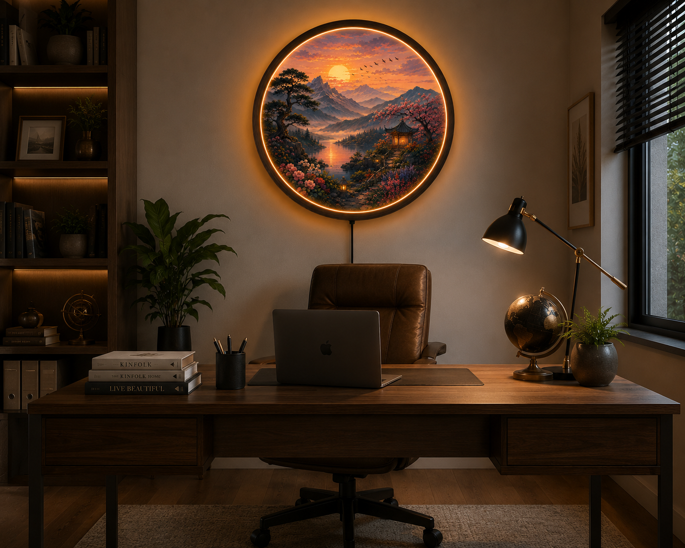 Sunset Mountain Lake LED Wall Art, Round Nature Wall Decor, Japanese Landscape Light, Zen Home Decor