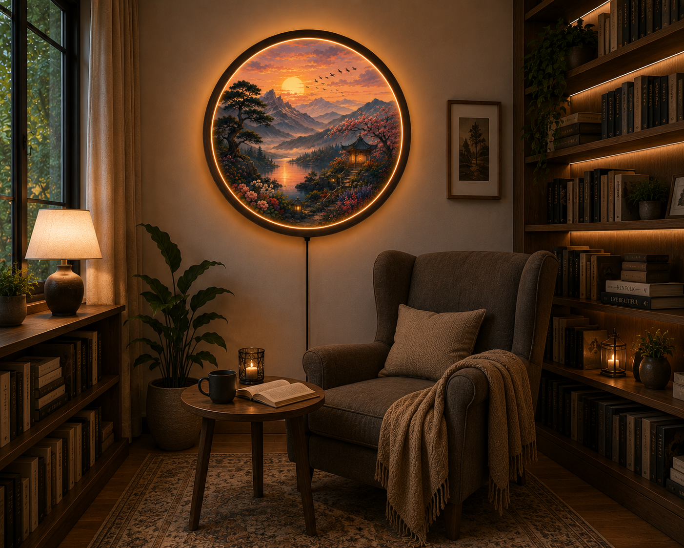 Sunset Mountain Lake LED Wall Art, Round Nature Wall Decor, Japanese Landscape Light, Zen Home Decor