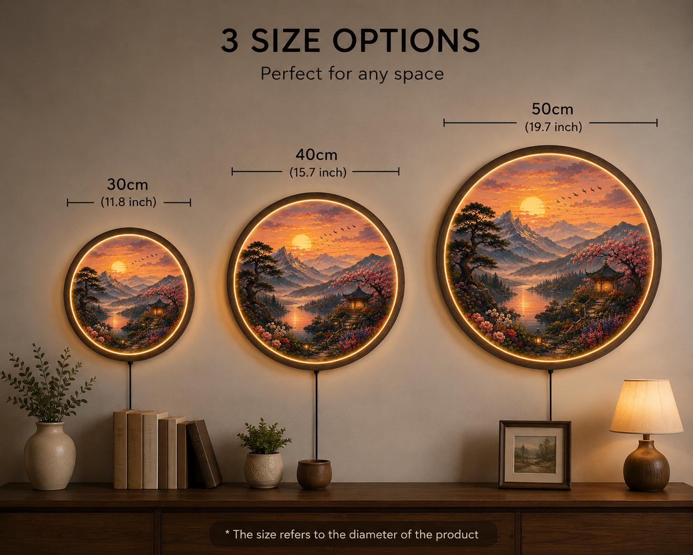 Sunset Mountain Lake LED Wall Art, Round Nature Wall Decor, Japanese Landscape Light, Zen Home Decor