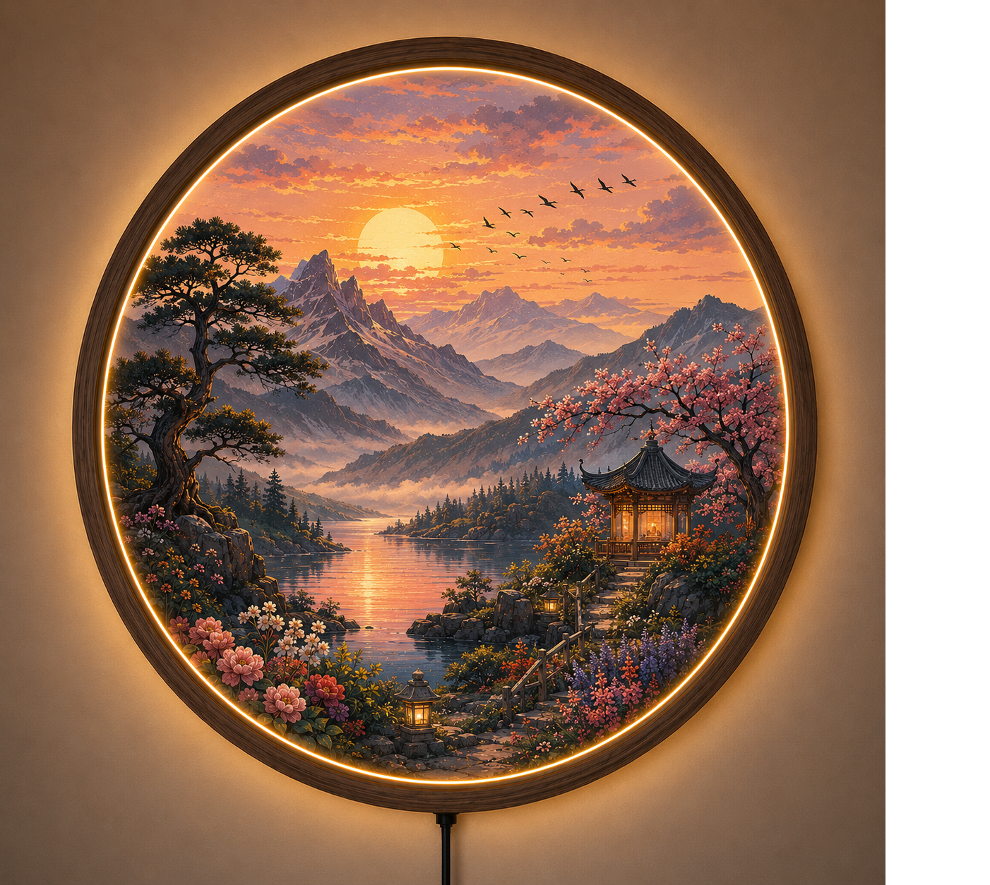 Sunset Mountain Lake LED Wall Art, Round Nature Wall Decor, Japanese Landscape Light, Zen Home Decor