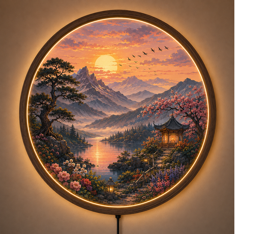 Sunset Mountain Lake LED Wall Art, Round Nature Wall Decor, Japanese Landscape Light, Zen Home Decor