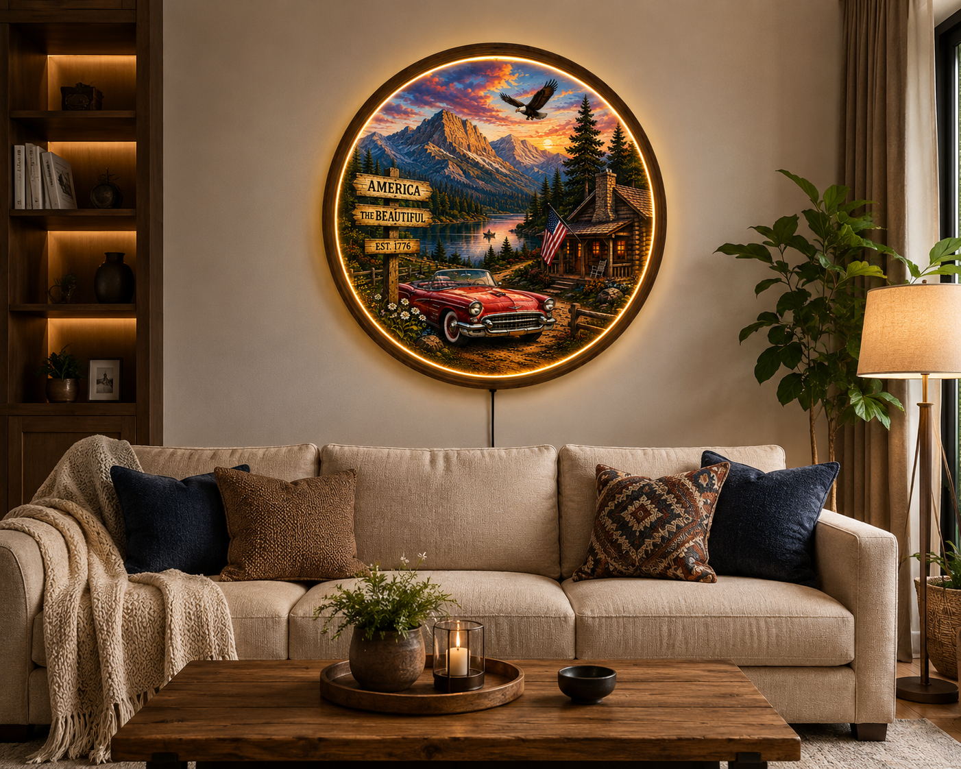 Vintage American Landscape LED Wall Art, Rustic Cabin Mountain Lake Decor, Classic Car Americana Round Wall Light