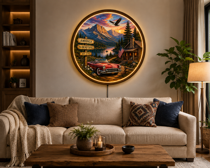 Vintage American Landscape LED Wall Art, Rustic Cabin Mountain Lake Decor, Classic Car Americana Round Wall Light