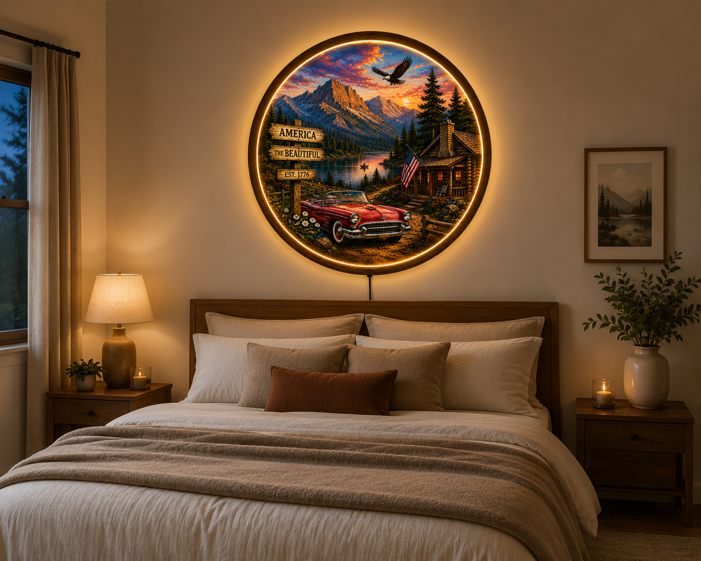 Vintage American Landscape LED Wall Art, Rustic Cabin Mountain Lake Decor, Classic Car Americana Round Wall Light