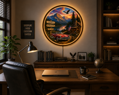 Vintage American Landscape LED Wall Art, Rustic Cabin Mountain Lake Decor, Classic Car Americana Round Wall Light