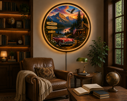 Vintage American Landscape LED Wall Art, Rustic Cabin Mountain Lake Decor, Classic Car Americana Round Wall Light