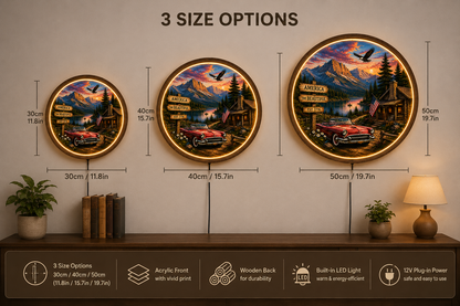 Vintage American Landscape LED Wall Art, Rustic Cabin Mountain Lake Decor, Classic Car Americana Round Wall Light