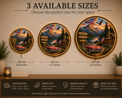 Vintage American Landscape LED Wall Art, Rustic Cabin Mountain Lake Decor, Classic Car Americana Round Wall Light