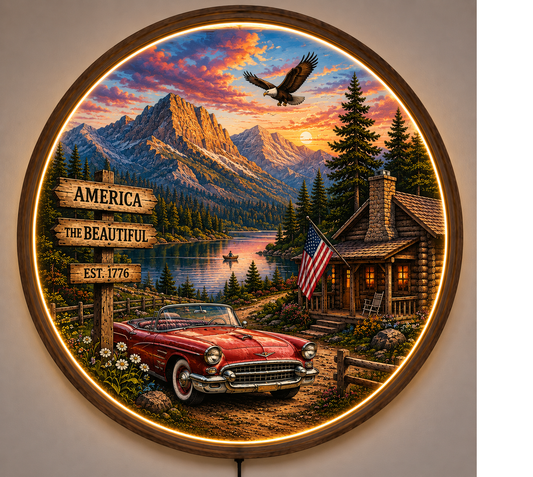Vintage American Landscape LED Wall Art, Rustic Cabin Mountain Lake Decor, Classic Car Americana Round Wall Light