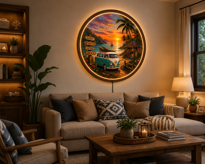 Vintage Beach Sunset LED Wall Art, Coastal Round Wall Light, Tropical Ocean Decor, Surf Van Acrylic Wall Lamp, Coastal Home Gift
