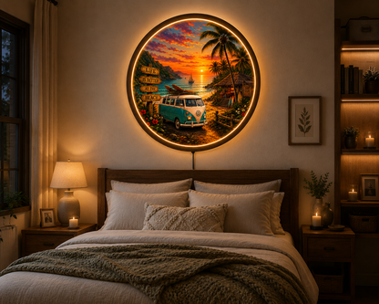 Vintage Beach Sunset LED Wall Art, Coastal Round Wall Light, Tropical Ocean Decor, Surf Van Acrylic Wall Lamp, Coastal Home Gift
