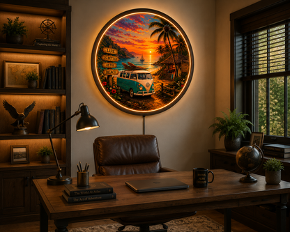 Vintage Beach Sunset LED Wall Art, Coastal Round Wall Light, Tropical Ocean Decor, Surf Van Acrylic Wall Lamp, Coastal Home Gift