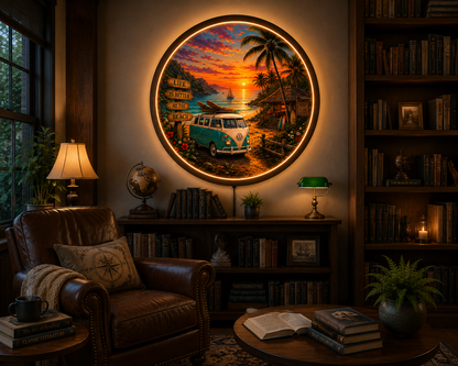 Vintage Beach Sunset LED Wall Art, Coastal Round Wall Light, Tropical Ocean Decor, Surf Van Acrylic Wall Lamp, Coastal Home Gift