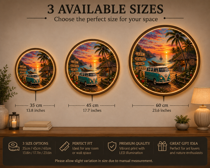 Vintage Beach Sunset LED Wall Art, Coastal Round Wall Light, Tropical Ocean Decor, Surf Van Acrylic Wall Lamp, Coastal Home Gift