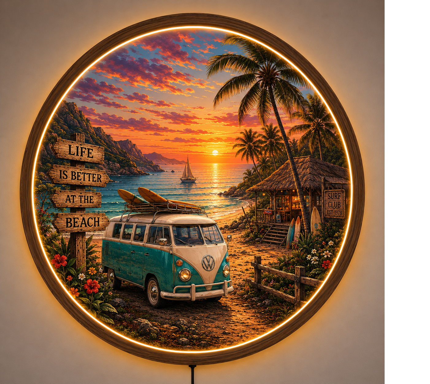 Vintage Beach Sunset LED Wall Art, Coastal Round Wall Light, Tropical Ocean Decor, Surf Van Acrylic Wall Lamp, Coastal Home Gift