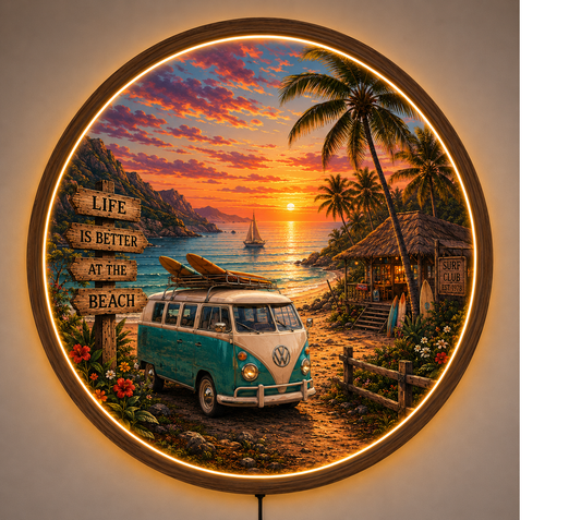 Vintage Beach Sunset LED Wall Art, Coastal Round Wall Light, Tropical Ocean Decor, Surf Van Acrylic Wall Lamp, Coastal Home Gift
