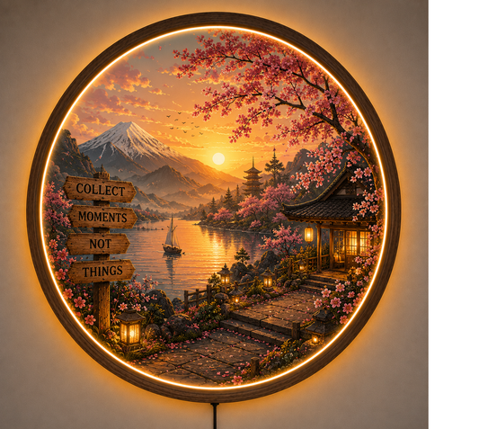 Japanese Cherry Blossom Sunset LED Wall Art, Mount Fuji Landscape Lamp, Round Acrylic Lighted Wall Decor, Zen Home Gift