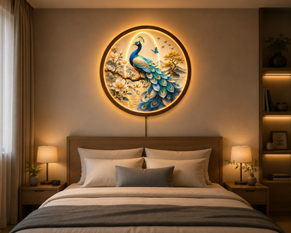 Peacock LED Wall Art, Round Lighted Wall Decor, Blue Peacock Nature Artwork, Modern Living Room Bedroom Wall Hanging, Unique Housewarming Gift