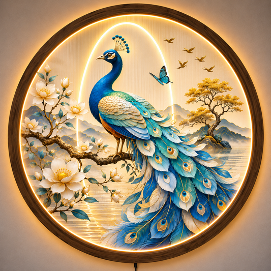 Peacock LED Wall Art, Round Lighted Wall Decor, Blue Peacock Nature Artwork, Modern Living Room Bedroom Wall Hanging, Unique Housewarming Gift