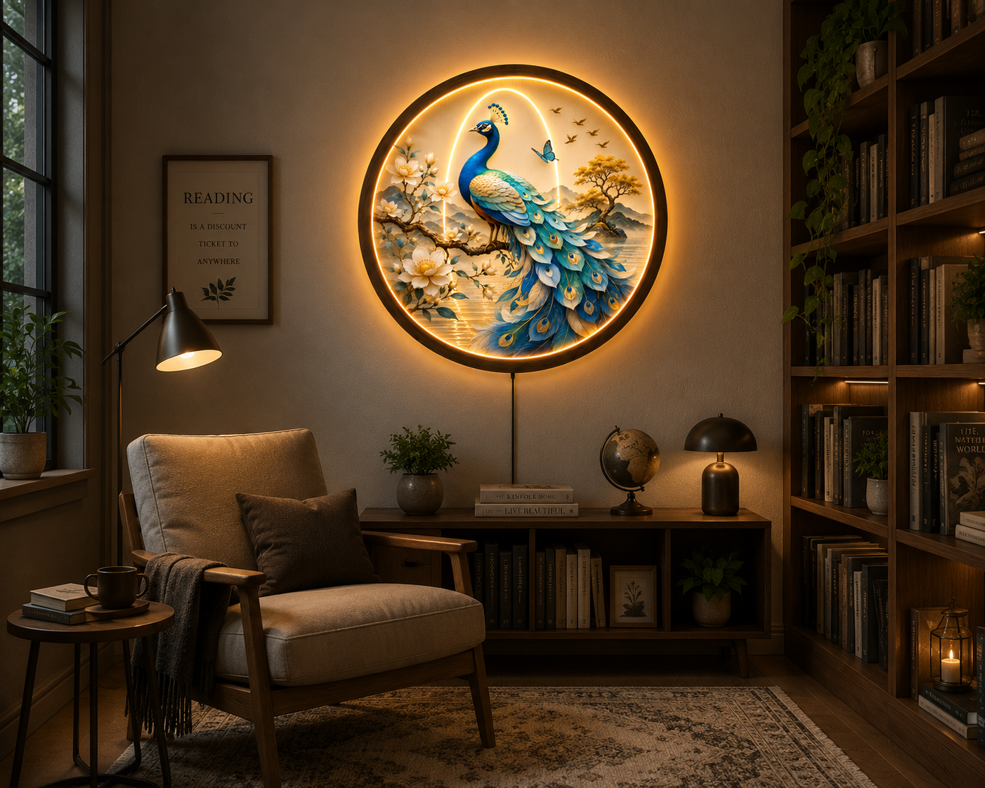 Peacock LED Wall Art, Round Lighted Wall Decor, Blue Peacock Nature Artwork, Modern Living Room Bedroom Wall Hanging, Unique Housewarming Gift