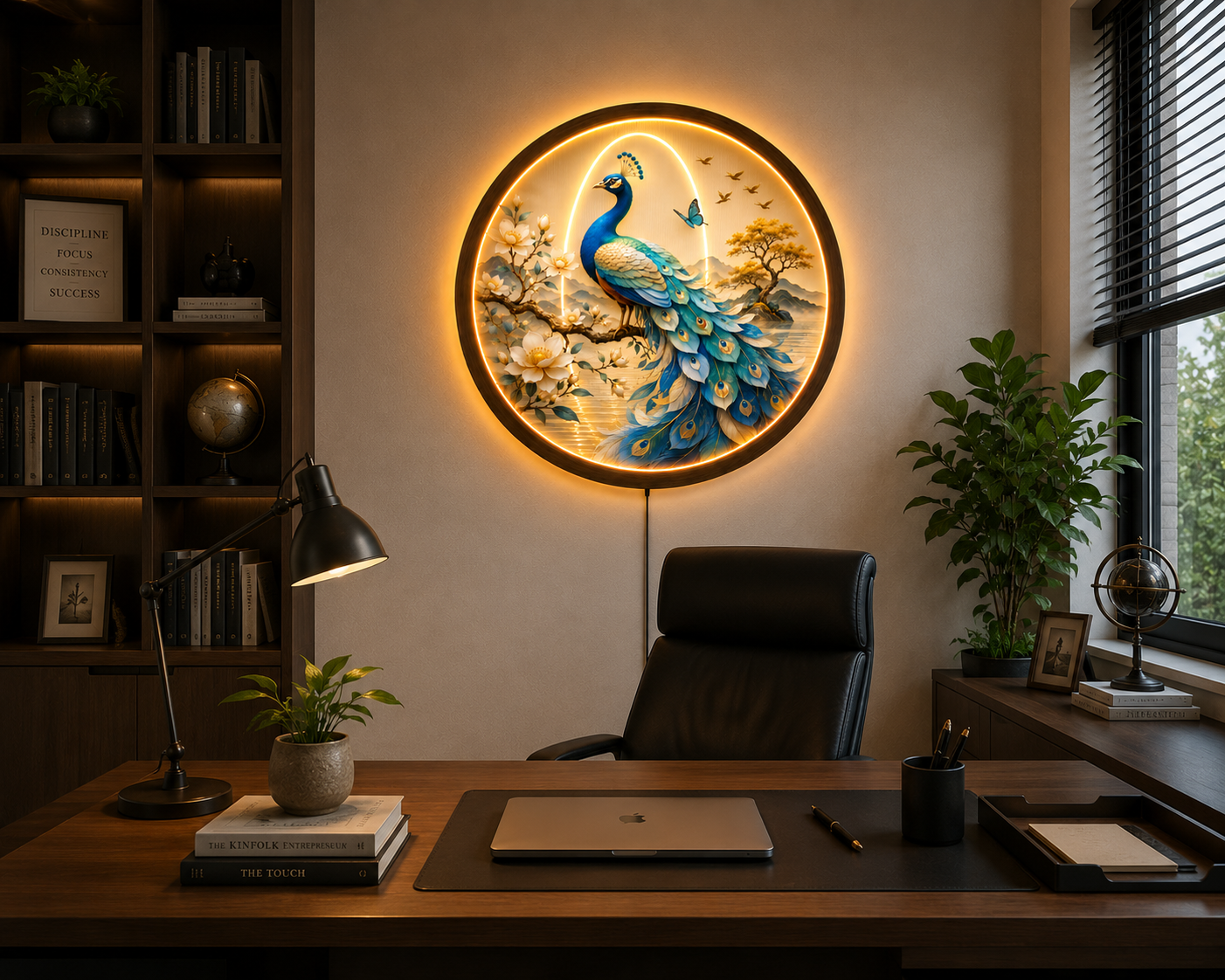 Peacock LED Wall Art, Round Lighted Wall Decor, Blue Peacock Nature Artwork, Modern Living Room Bedroom Wall Hanging, Unique Housewarming Gift