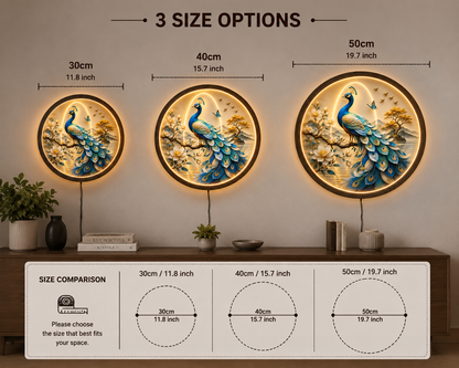 Peacock LED Wall Art, Round Lighted Wall Decor, Blue Peacock Nature Artwork, Modern Living Room Bedroom Wall Hanging, Unique Housewarming Gift